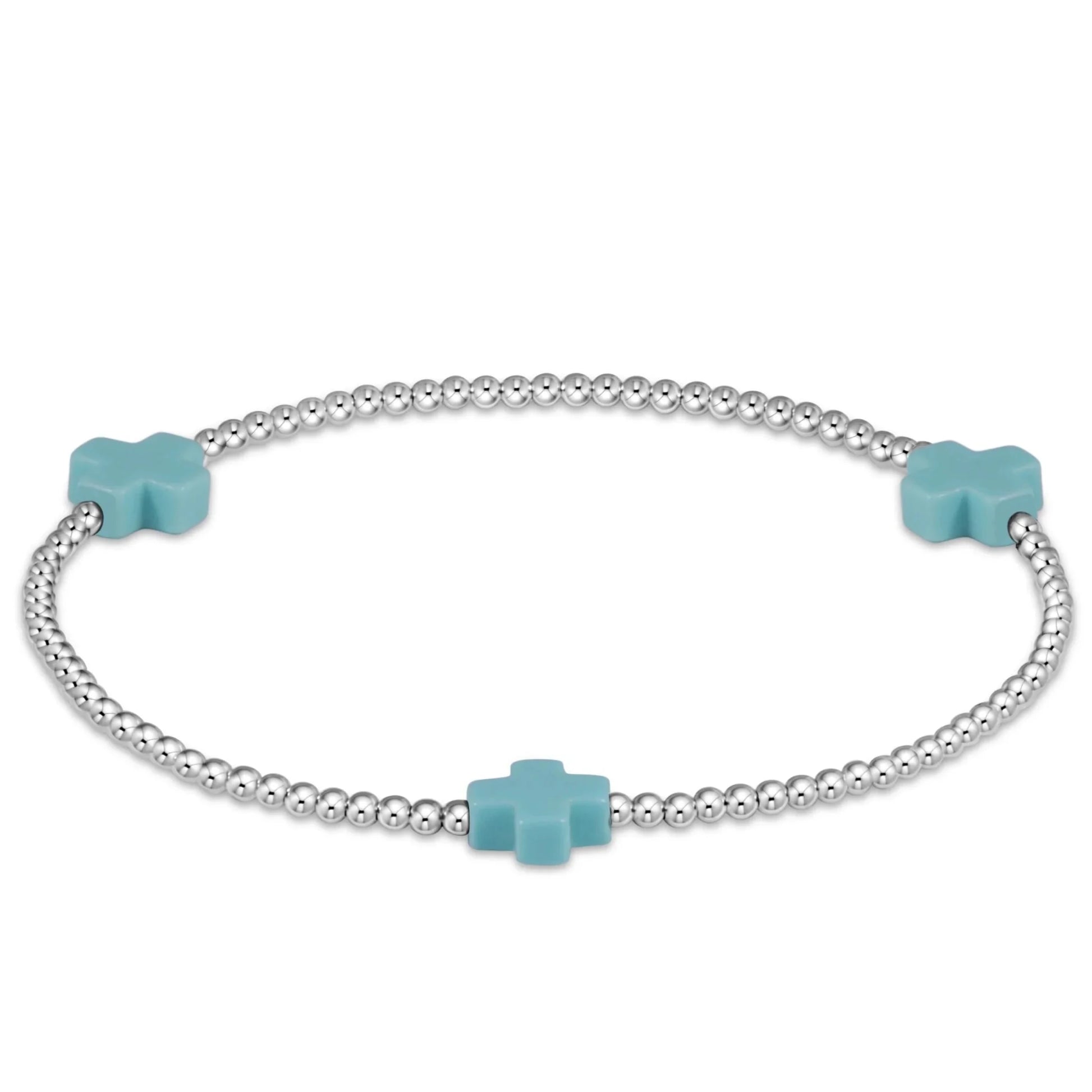 Signature Cross Sterling Pattern 2mm Bead Bracelet - Turquoise - She Chester