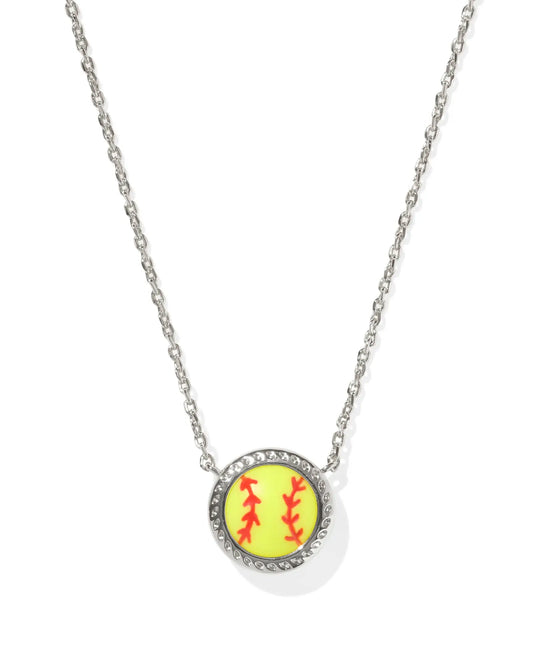 Softball Short Pendant Necklace Rhodium Chartreuse - She Chester