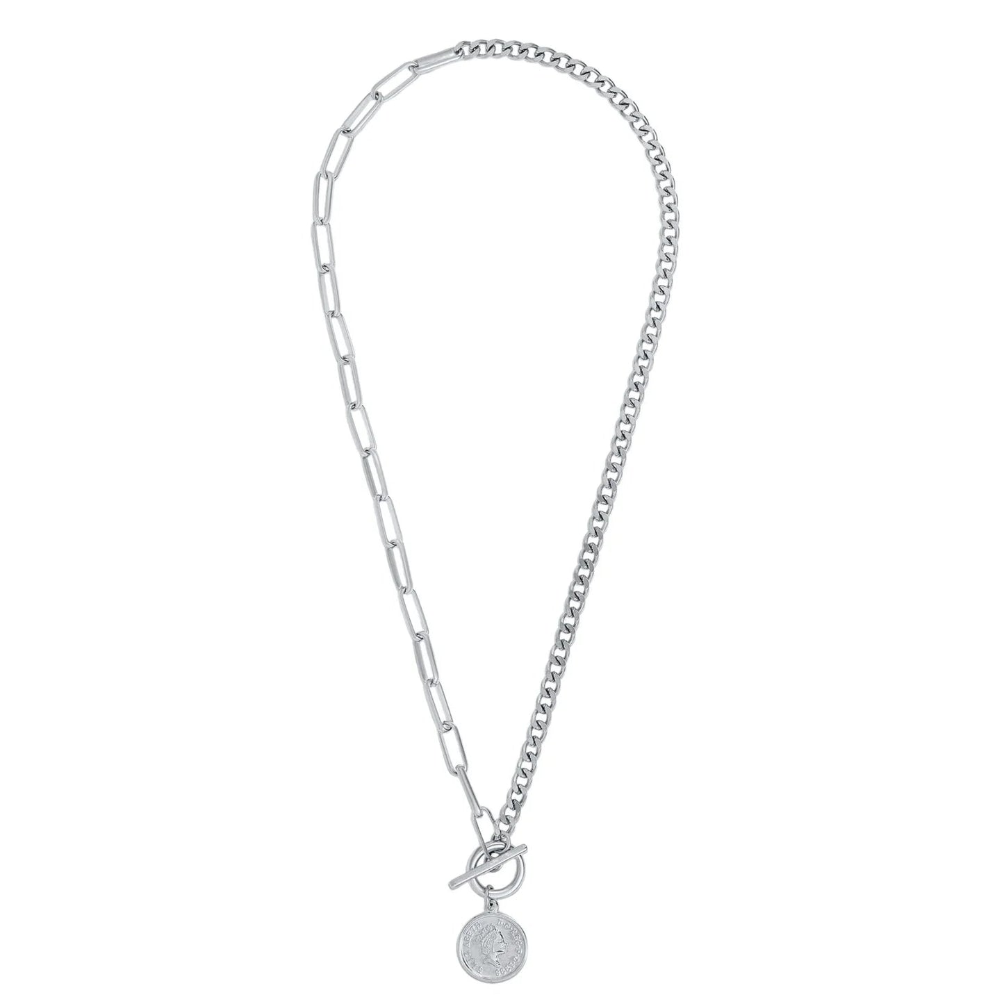 Stacie Toggle Chain Coin Necklace - Silver 249 - She Chester