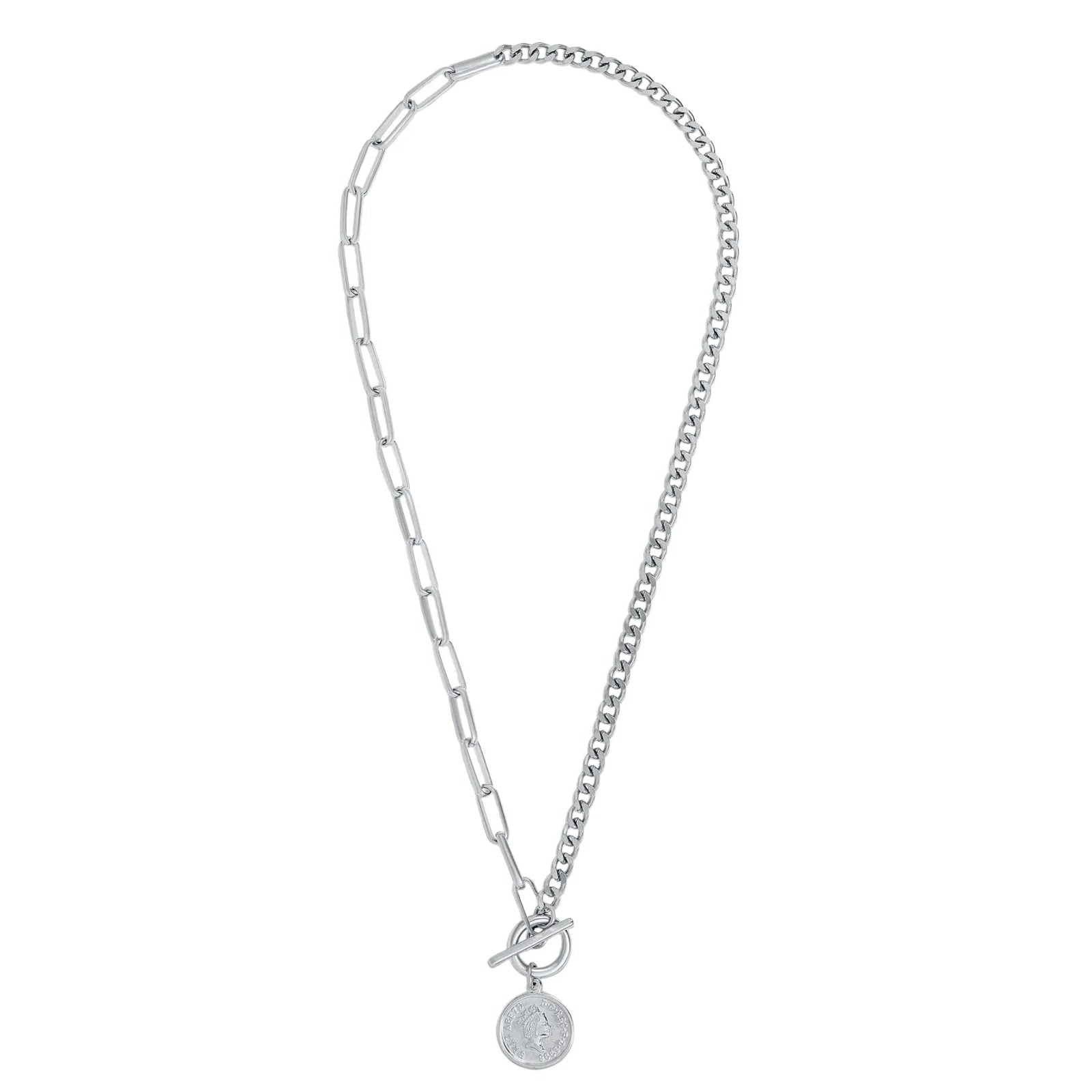 Stacie Toggle Chain Coin Necklace - Silver 249 - She Chester
