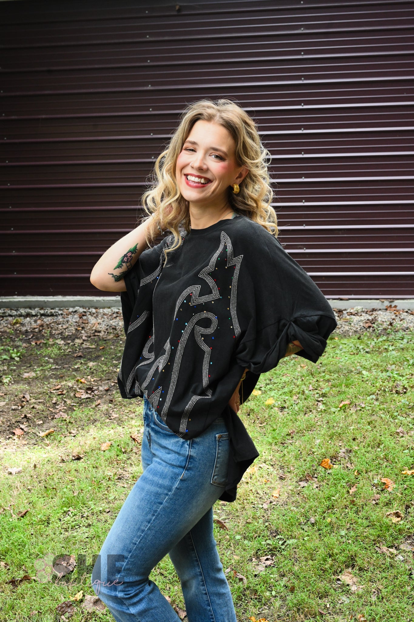 Stone Boot Stitch Black Oversized Tee - She Chester