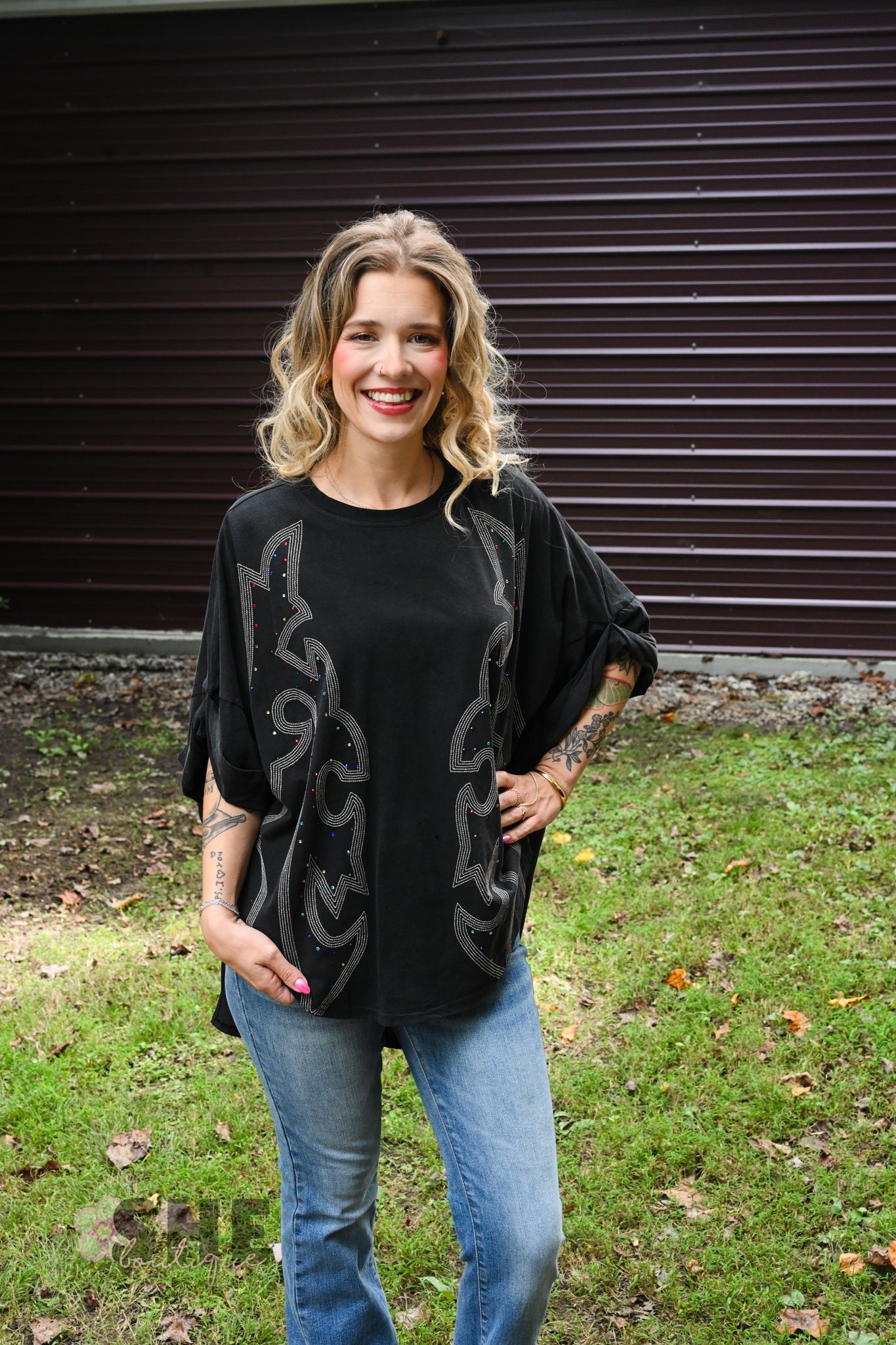 Stone Boot Stitch Black Oversized Tee - She Chester