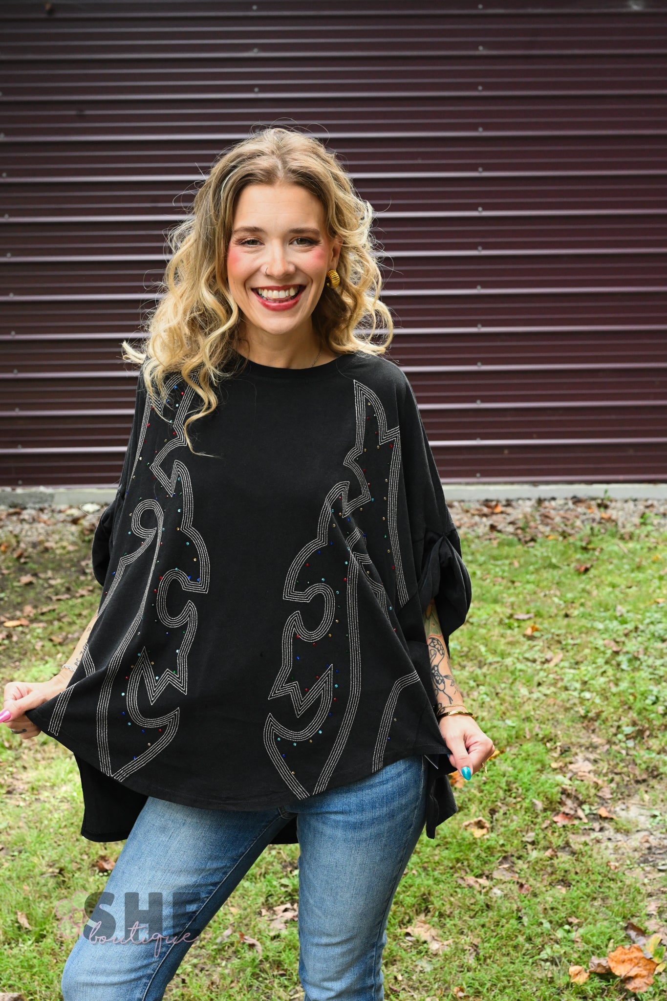 Stone Boot Stitch Black Oversized Tee - She Chester