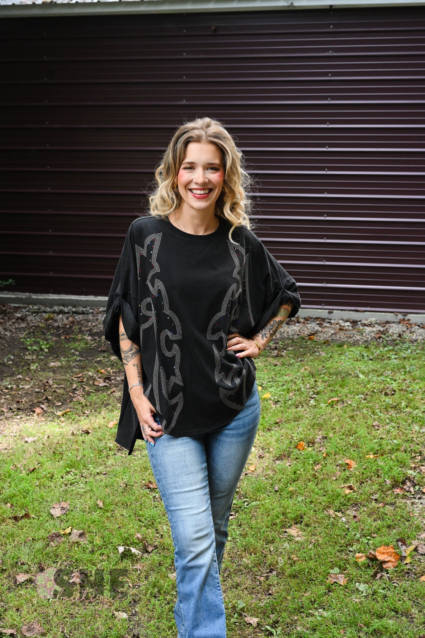 Stone Boot Stitch Black Oversized Tee - She Chester