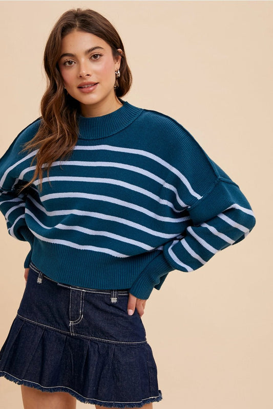 Striped Mock Neck Sweater - She Chester