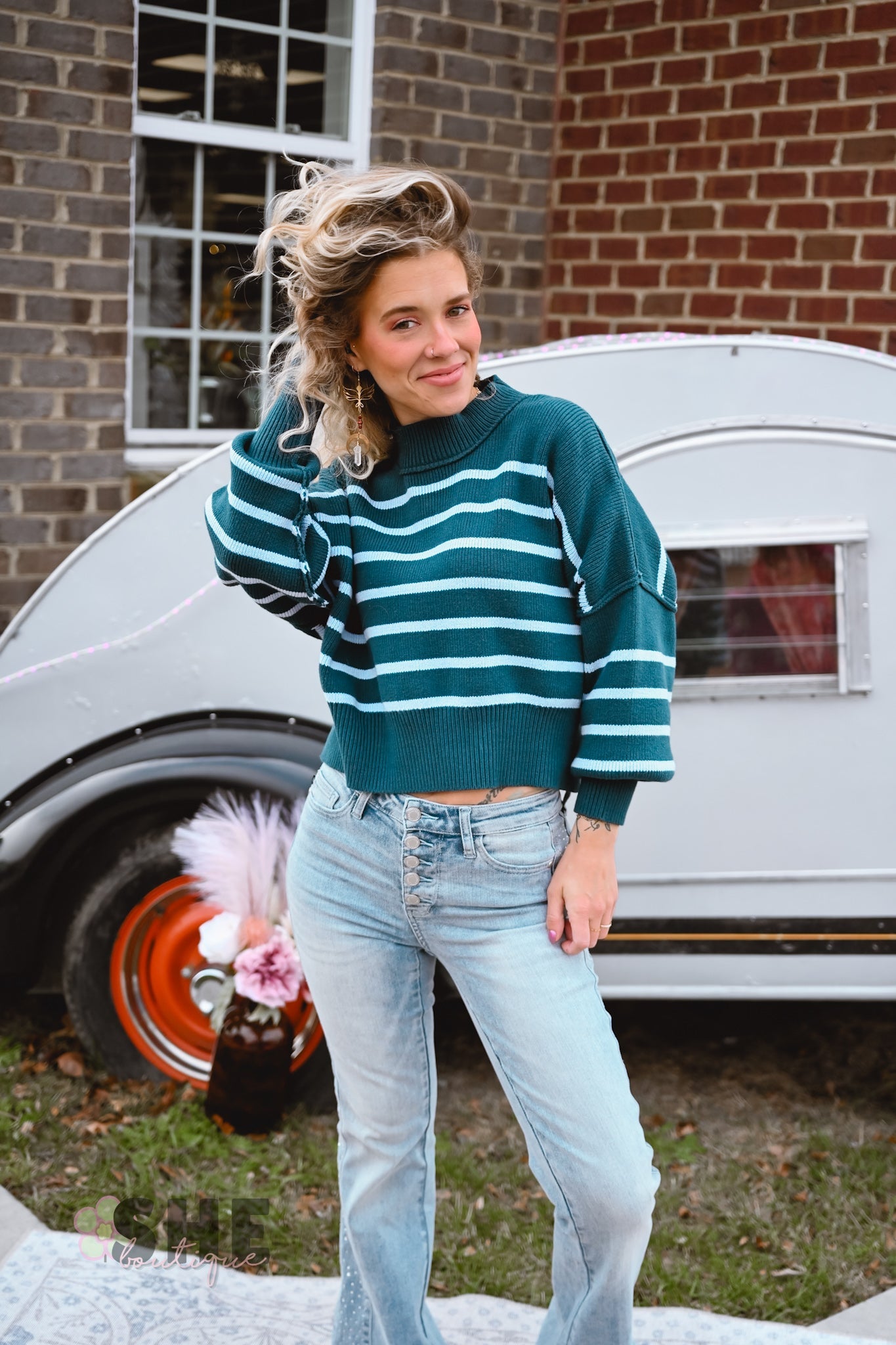 Striped Mock Neck Sweater - She Chester