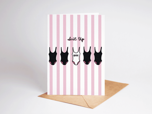 Suit Up Swimsuit Bachelorette Bride Engagement Greeting Card - She Chester