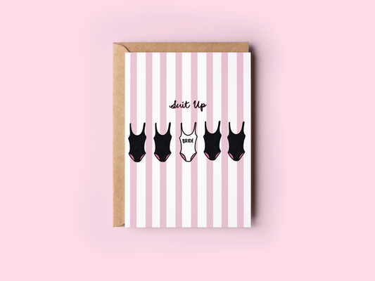 Suit Up Swimsuit Bachelorette Bride Engagement Greeting Card - She Chester