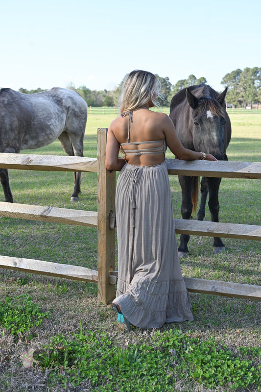 Sunset Dreams Taupe Maxi Dress - She Chester