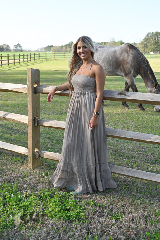 Sunset Dreams Taupe Maxi Dress - She Chester