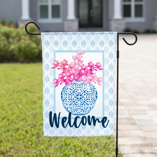 Chinoiserie Vase Pink Floral 12x18 Flag