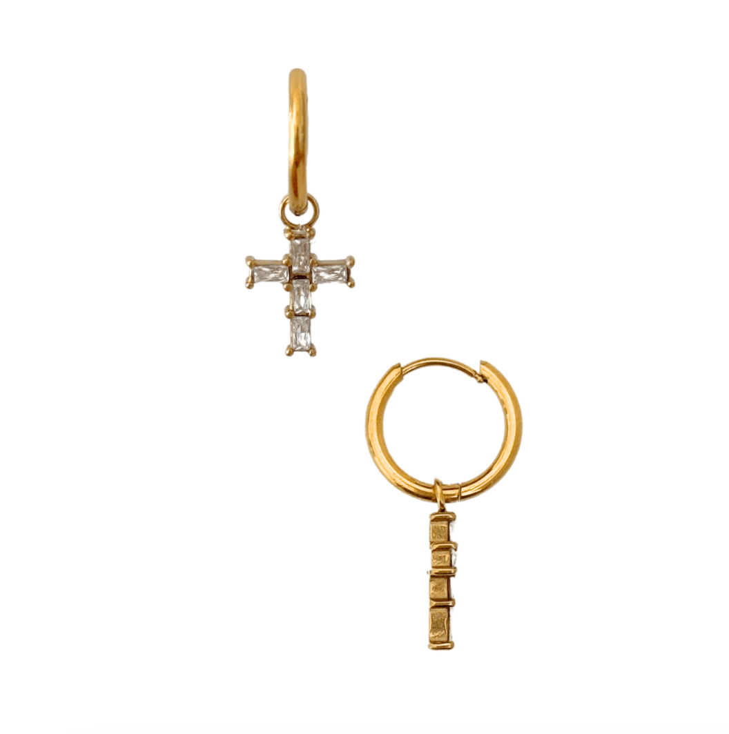 Taran Baguette Cross Huggie Gold Hoop Earrings - She Chester