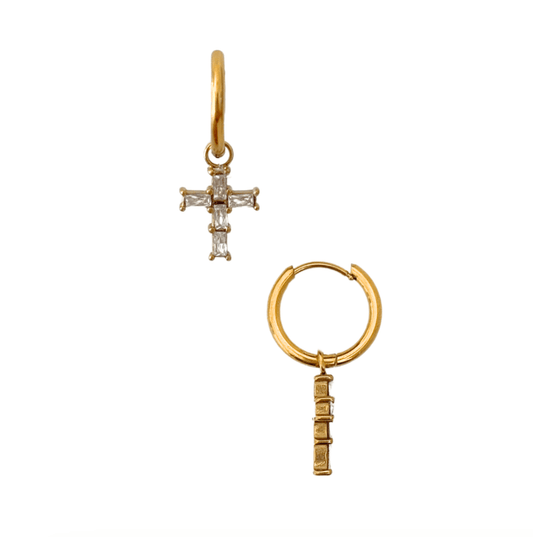 Taran Baguette Cross Huggie Gold Hoop Earrings - She Chester