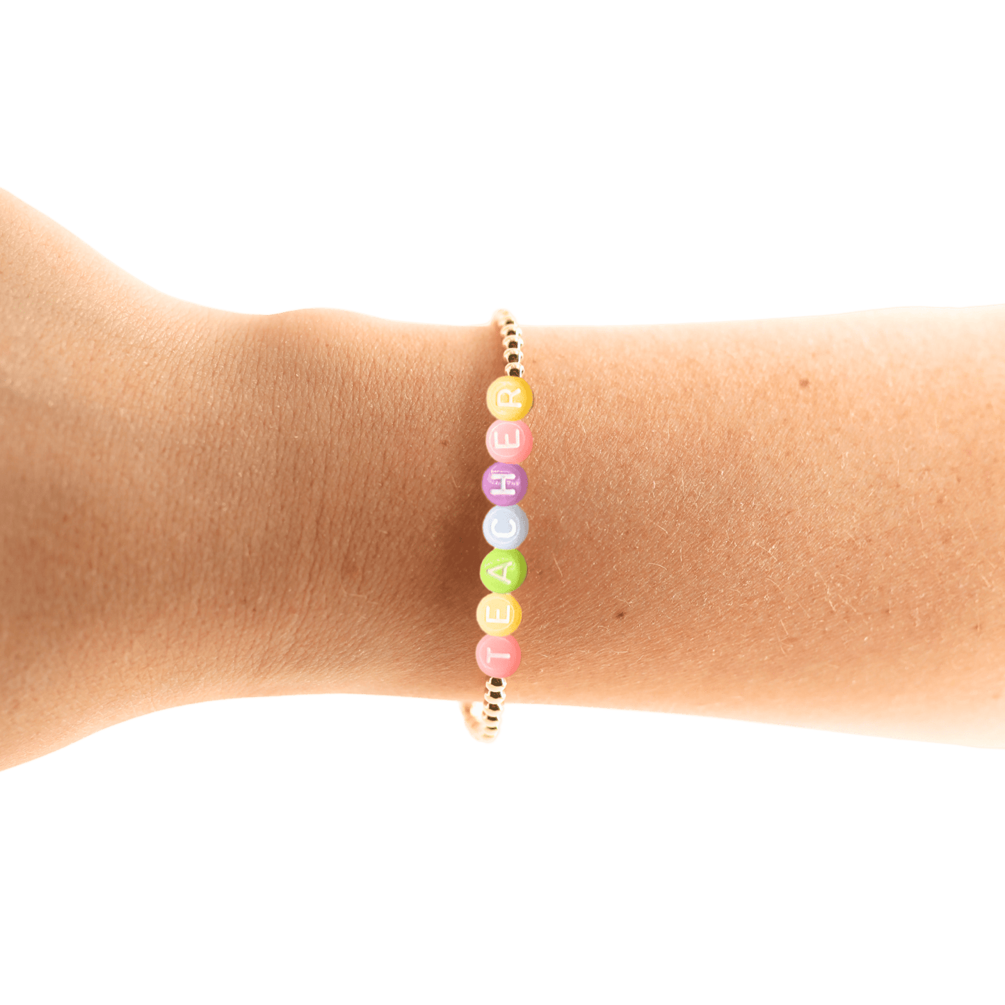 Teacher Rainbow Letter Bracelet: Standard 6.75 inch / Gold - She Chester