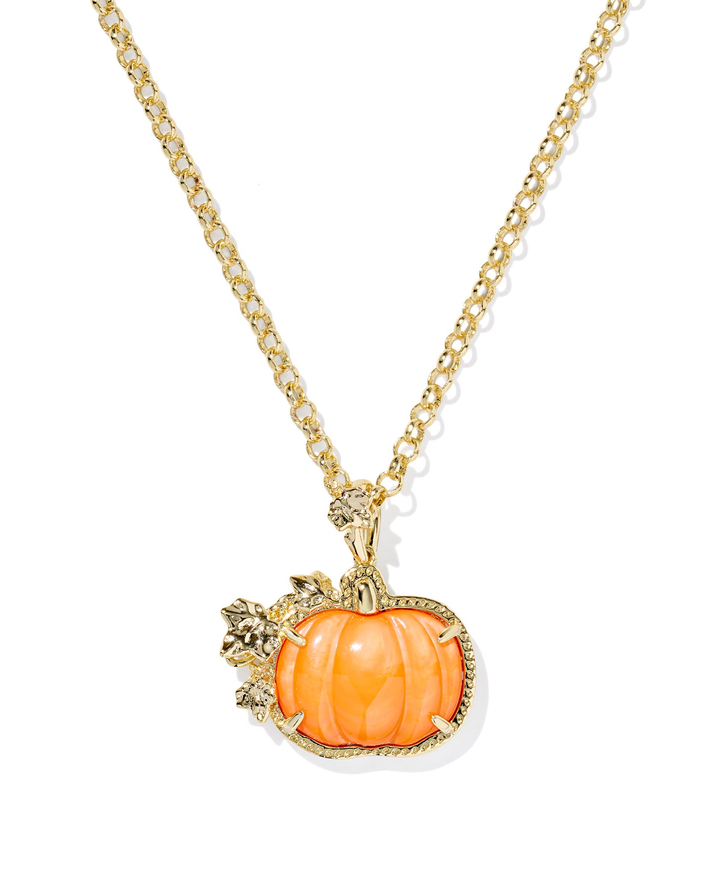 PUMPKIN LONG PENDANT NECKLACE GOLD ORANGE MOTHER OF PEARL