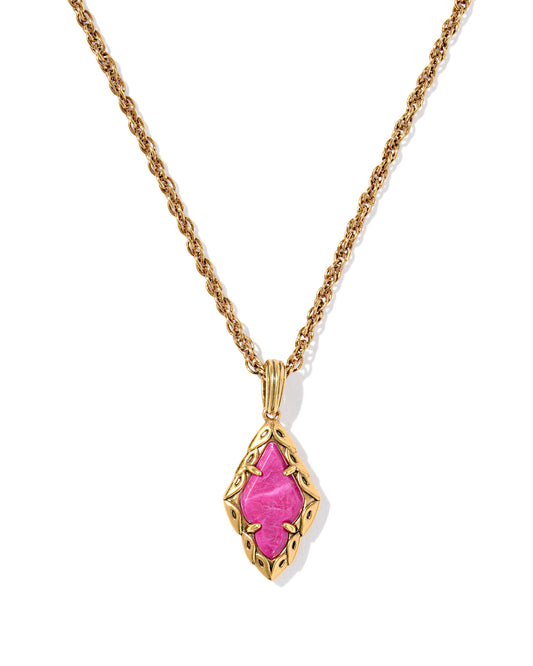 ADELINE SHORT PENDANT NECKLACE VINTAGE GOLD DARK FUCHSIA VARIEGATED MAGNESITE