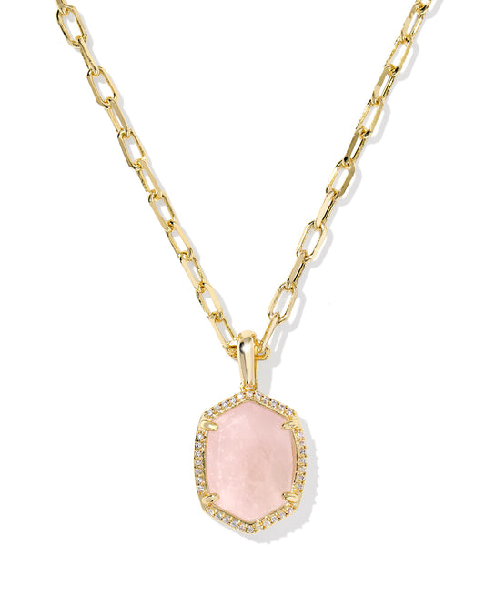 DAPHNE PAVE FRAME SHORT PENDANT NECKLACE GOLD ROSE QUARTZ