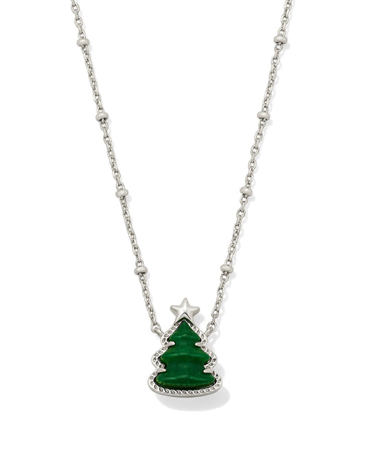 HOLIDAY TREE SHORT PENDANT NECKLACE SILVER GREEN QUARTZITE