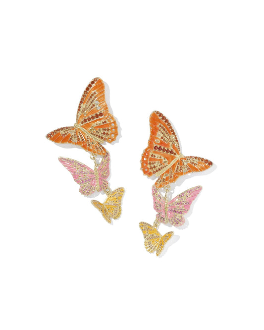 CAILEY ENAMEL BUTTERFLY STATEMENT EARRING GOLD ORANGE PINK MIX