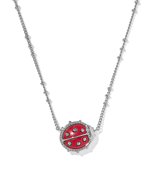 LADYBUG SHORT PENDANT NECKLACE RHODIUM RED VERMILLION MAGNESITE
