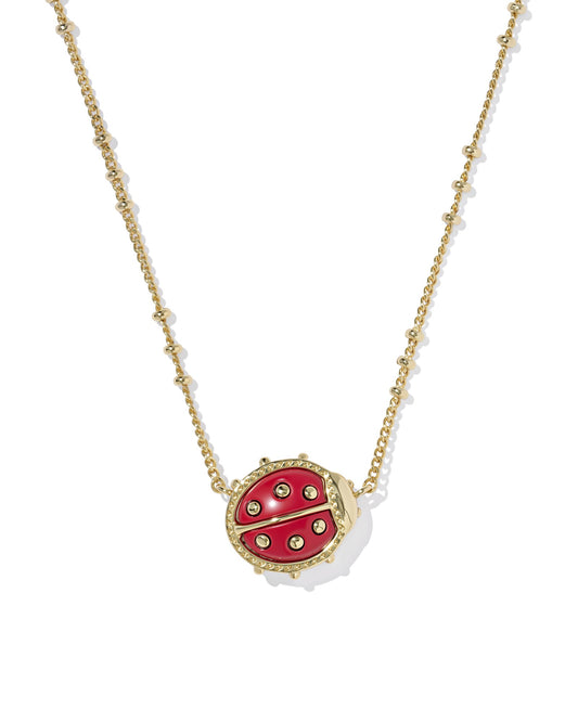 LADYBUG SHORT PENDANT NECKLACE GOLD RED VERMILLION MAGNESITE