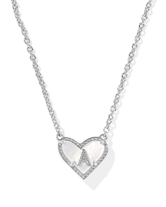 Rhodium Ivory MOP Heart Letter Pendant Necklace
