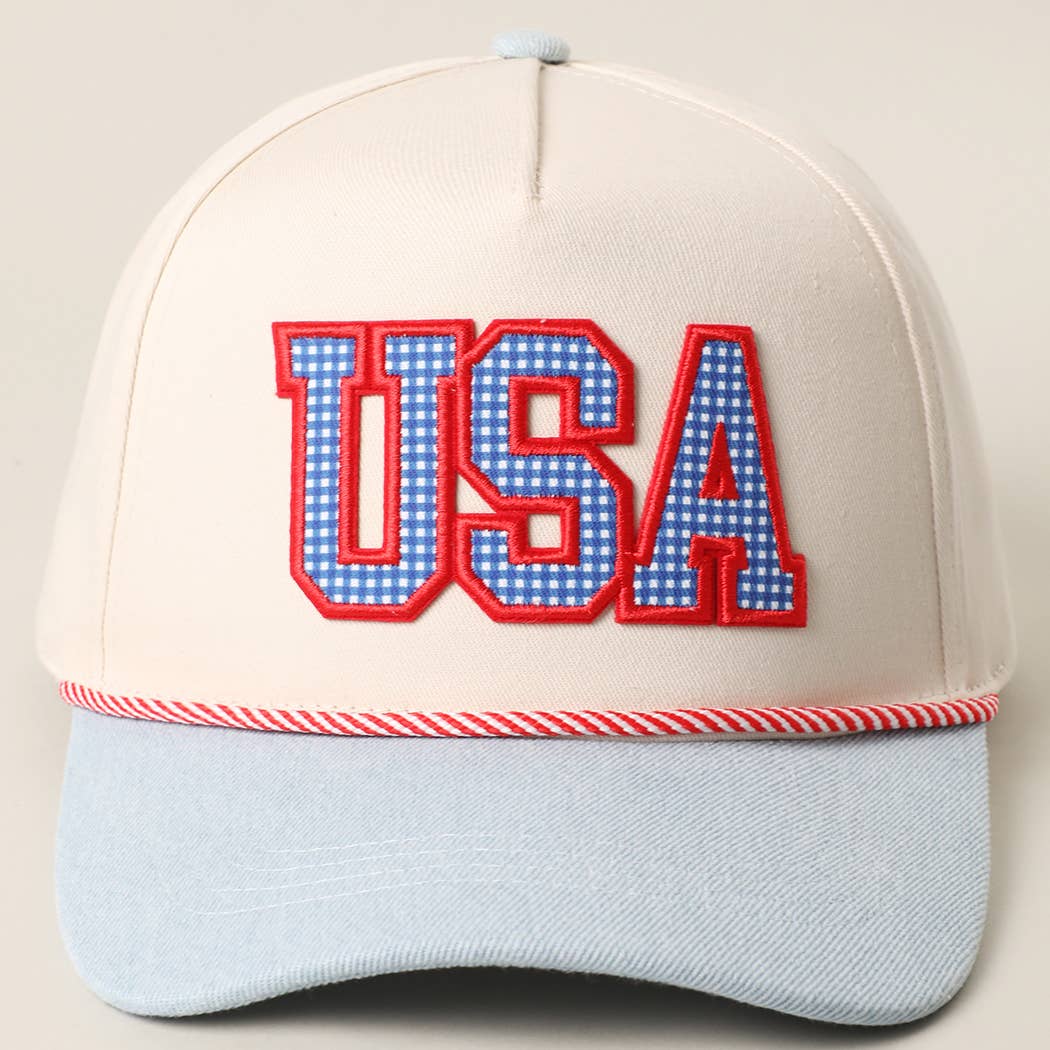 USA Gingham Letter Patch Star Brim Denim Trucker Hat - She Chester
