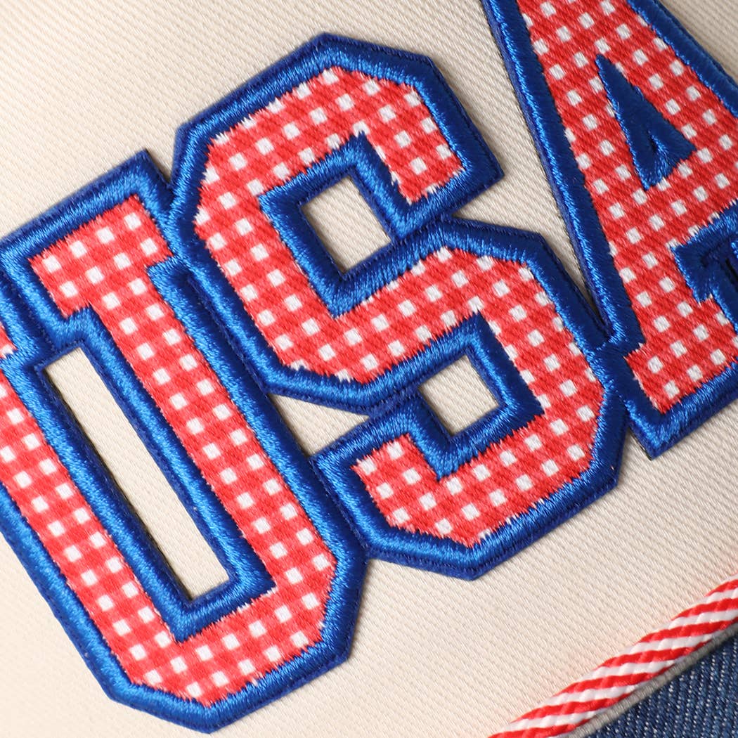 USA Gingham Letter Patch Star Brim Denim Trucker Hat - She Chester
