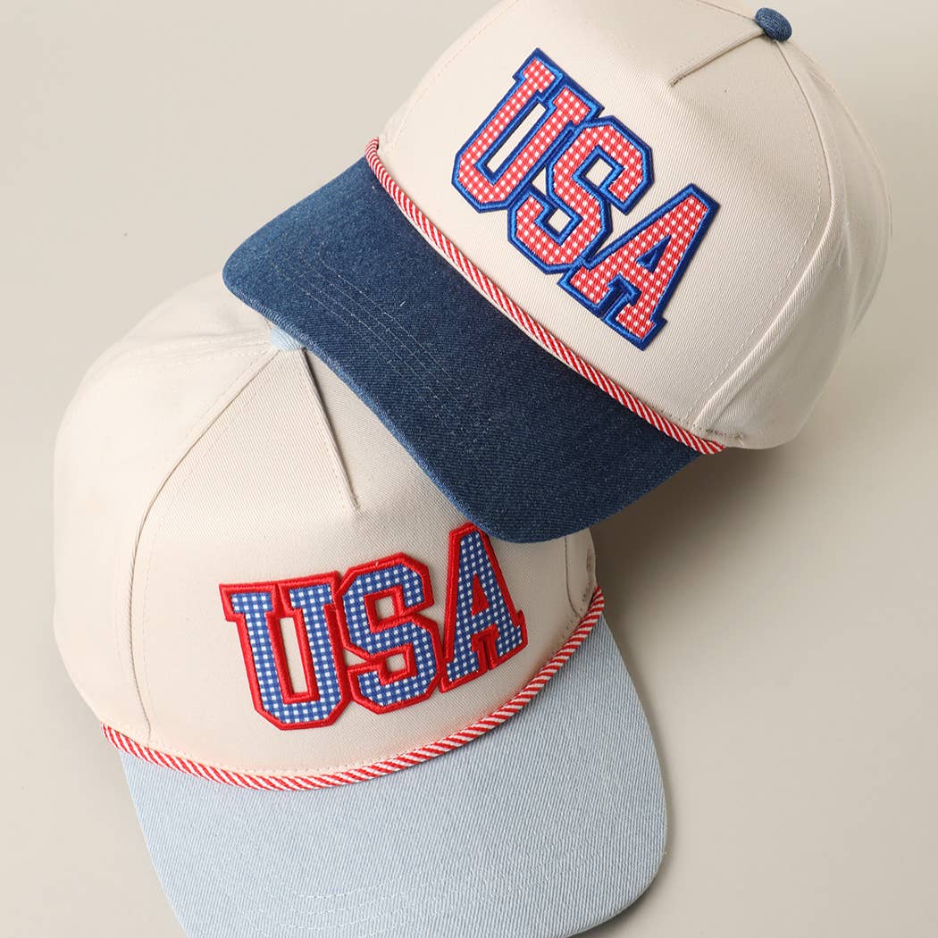 USA Gingham Letter Patch Star Brim Denim Trucker Hat - She Chester