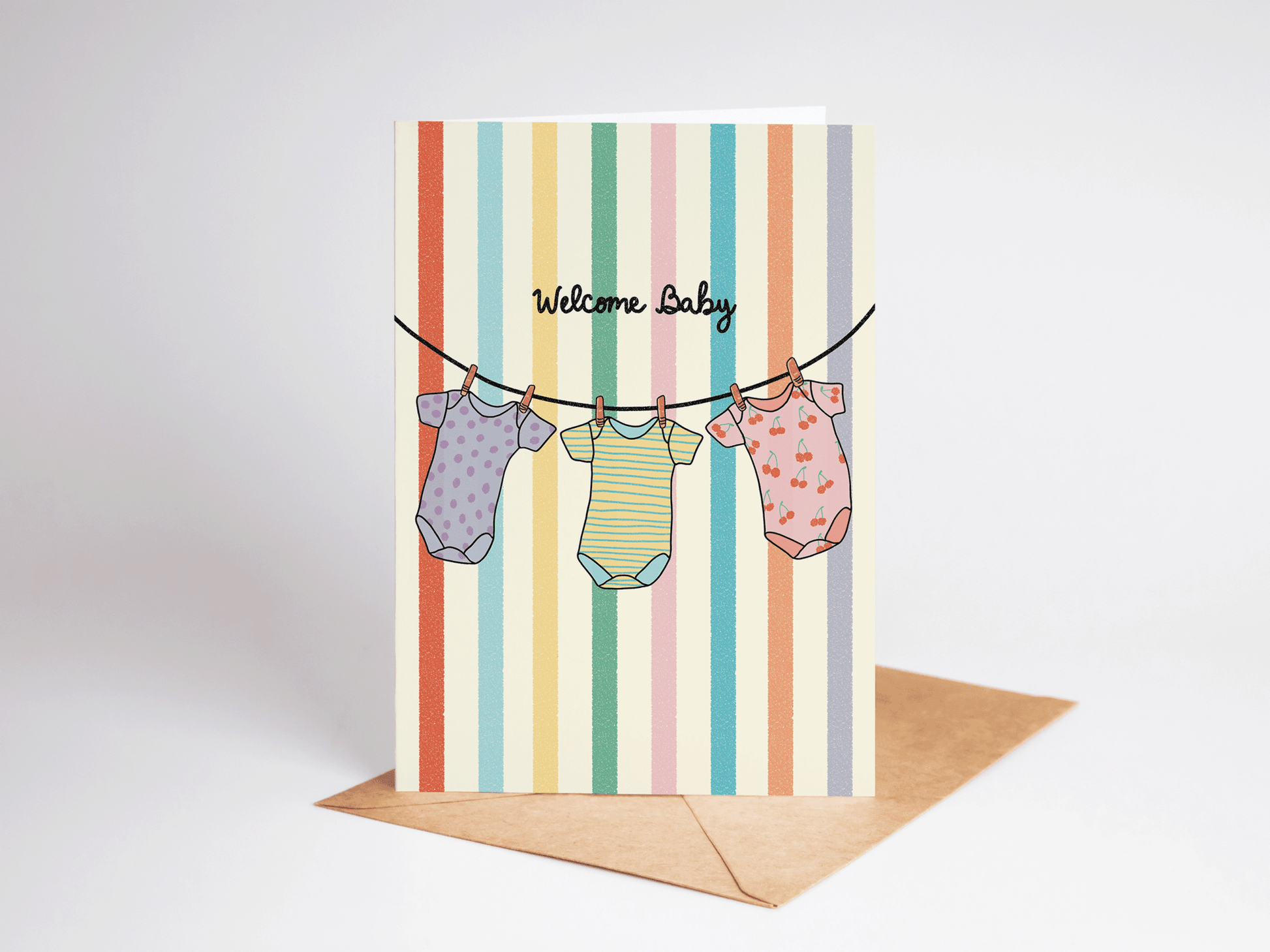 Welcome Baby Onesies Rainbow Striped New Baby Greeting Card - She Chester