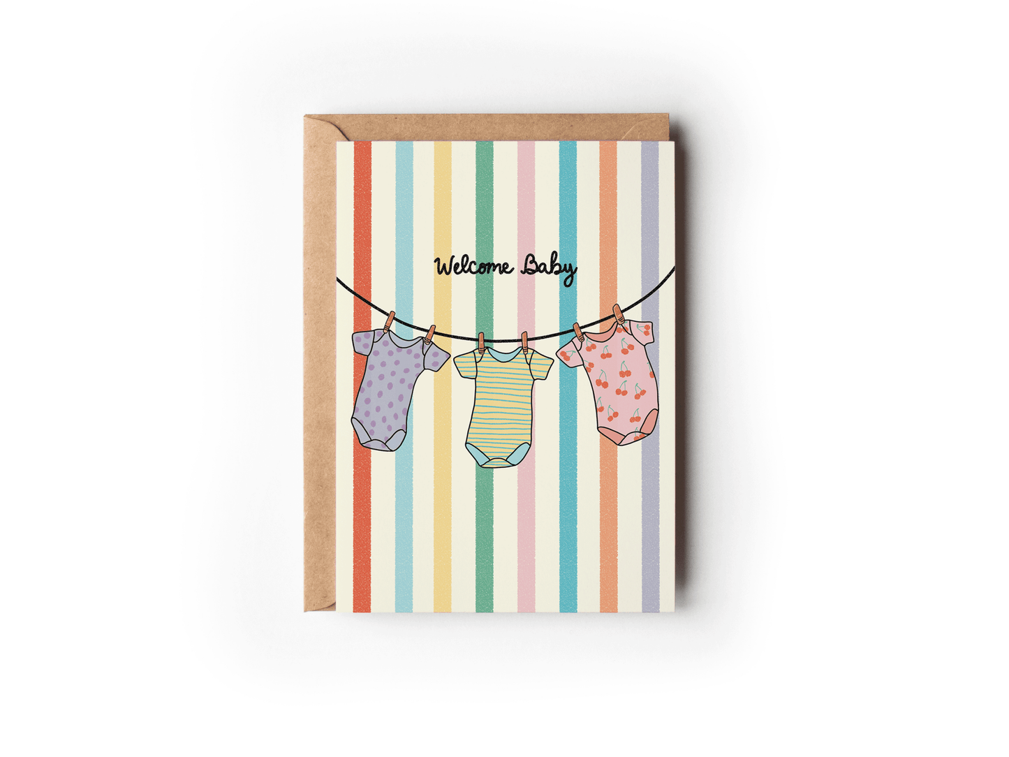 Welcome Baby Onesies Rainbow Striped New Baby Greeting Card - She Chester