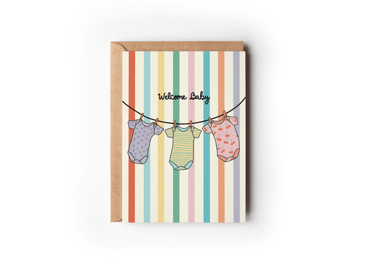 Welcome Baby Onesies Rainbow Striped New Baby Greeting Card - She Chester