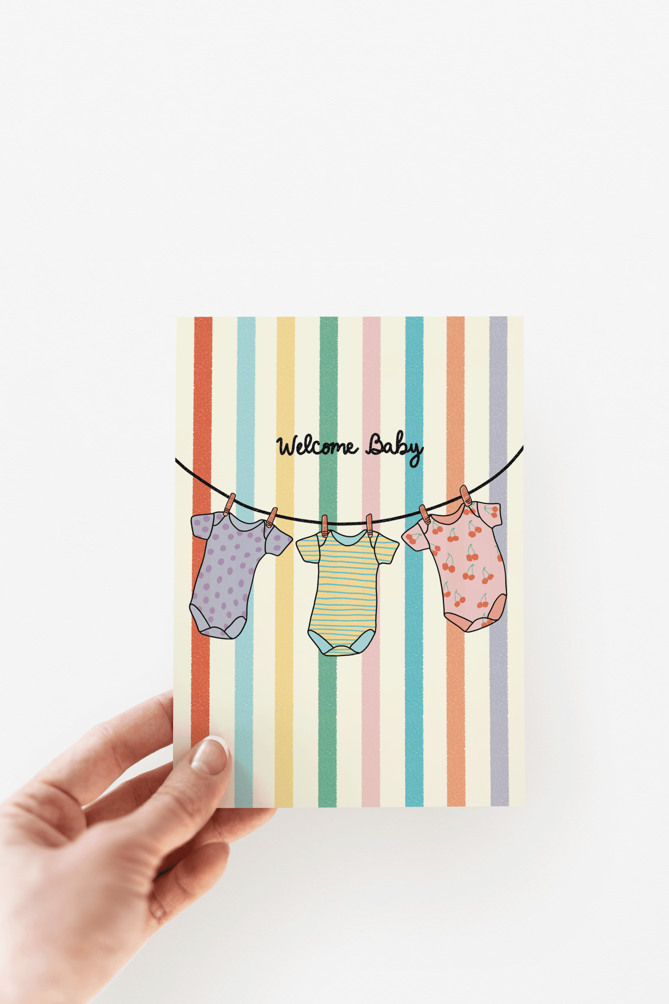 Welcome Baby Onesies Rainbow Striped New Baby Greeting Card - She Chester