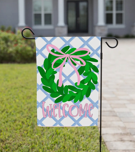 Welcome Pink Boxwood Flag - She Chester