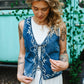 White Embroidered Denim Vest With Front Tie - She Chester