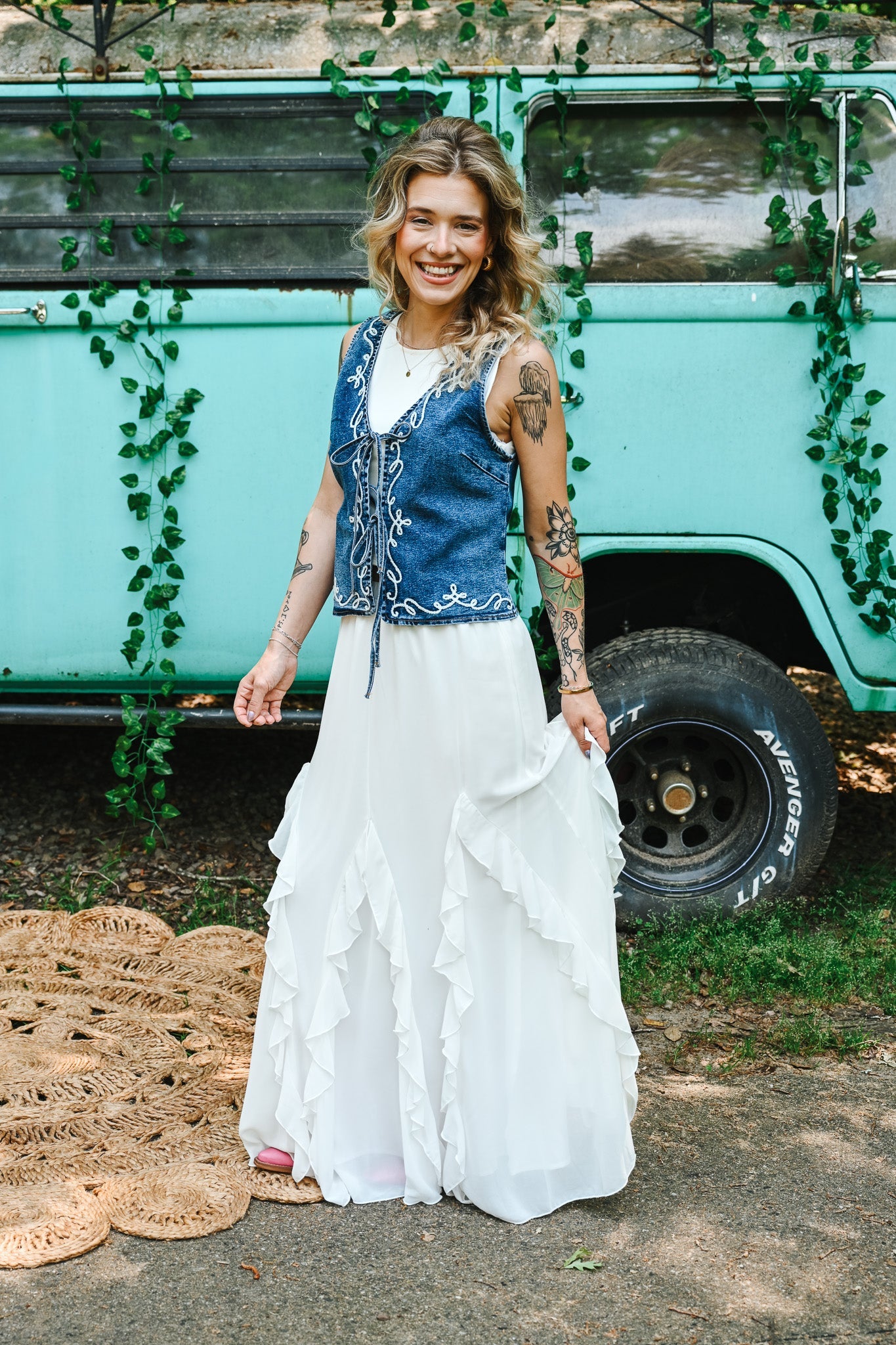 White Embroidered Denim Vest With Front Tie - She Chester