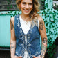 White Embroidered Denim Vest With Front Tie - She Chester