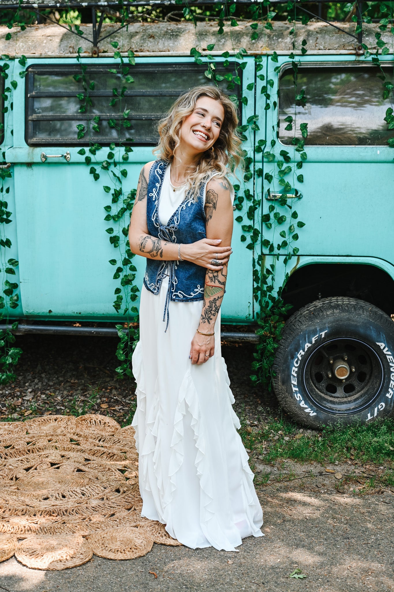 White Embroidered Denim Vest With Front Tie - She Chester