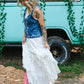 White Embroidered Denim Vest With Front Tie - She Chester