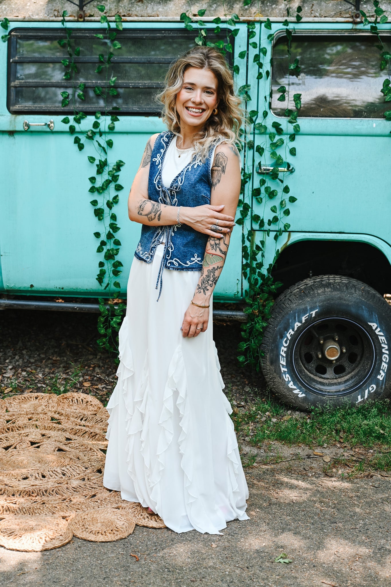 White Embroidered Denim Vest With Front Tie - She Chester