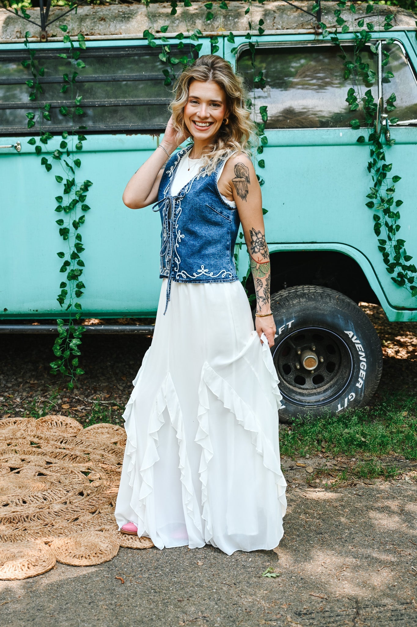 White Embroidered Denim Vest With Front Tie - She Chester