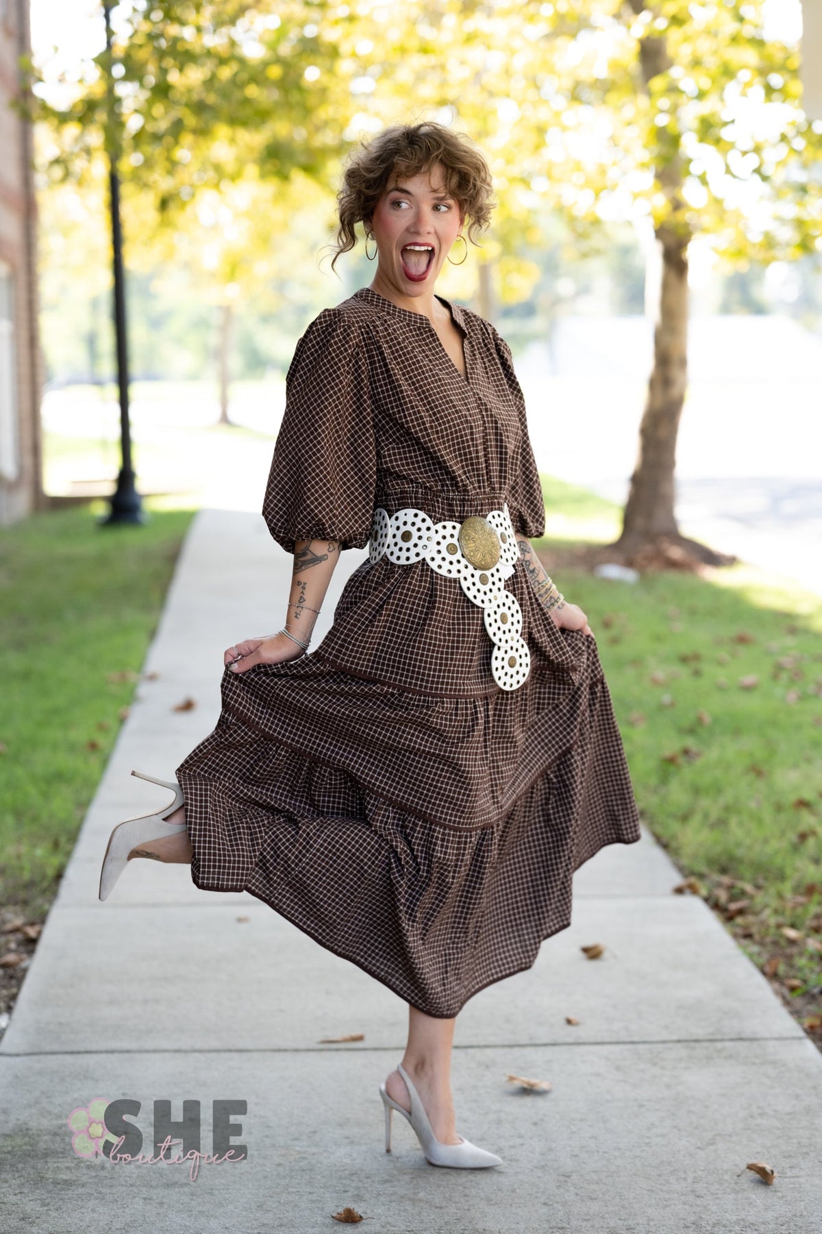 Winslet Brown Gingham Maxi - She Chester