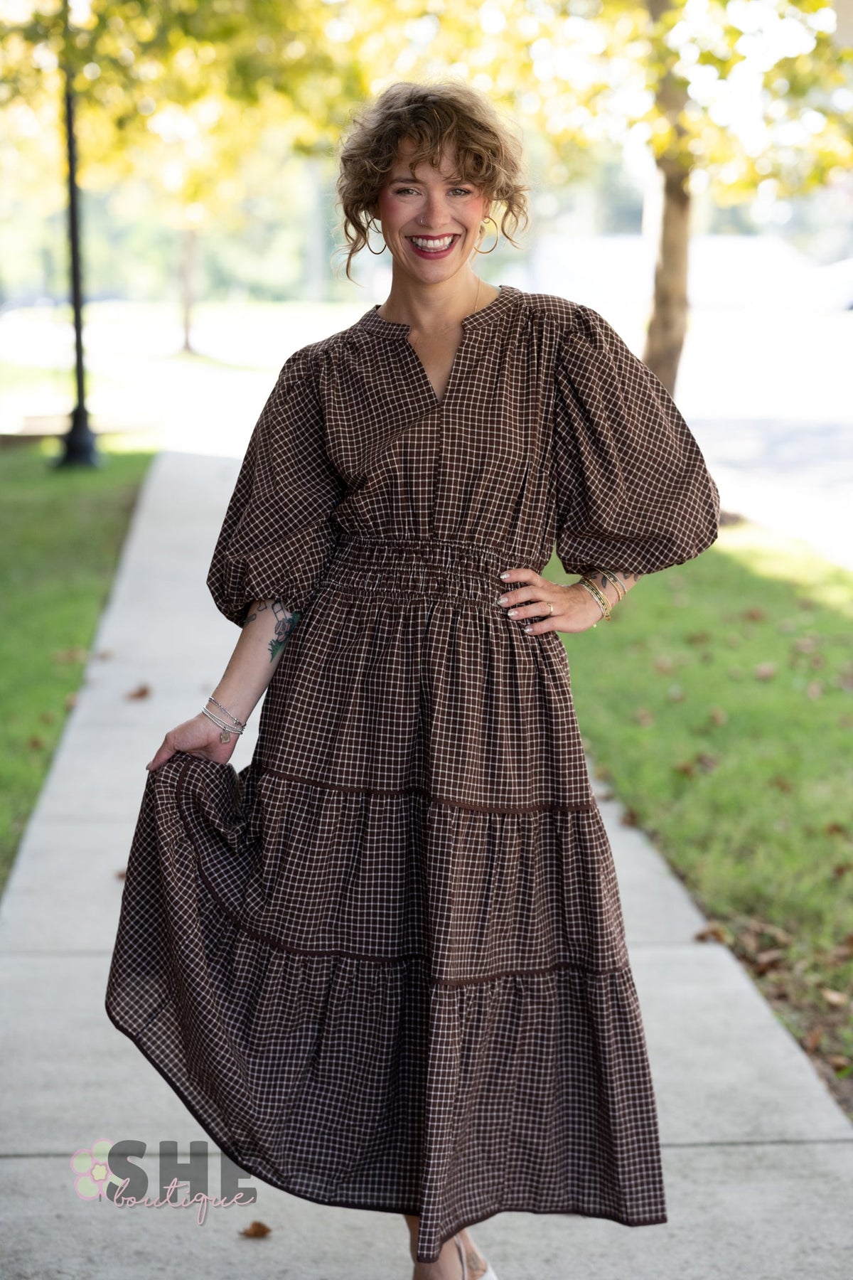 Winslet Brown Gingham Maxi - She Chester