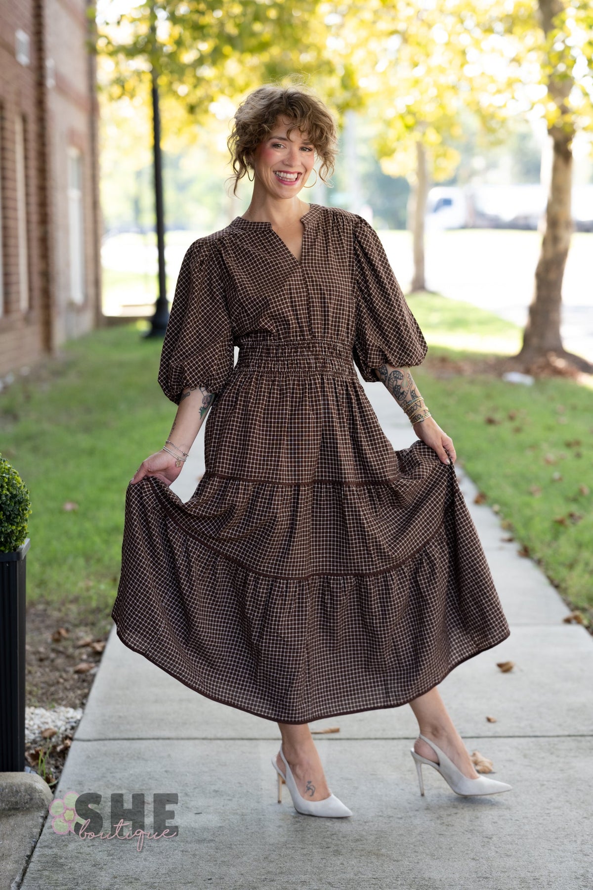 Winslet Brown Gingham Maxi - She Chester
