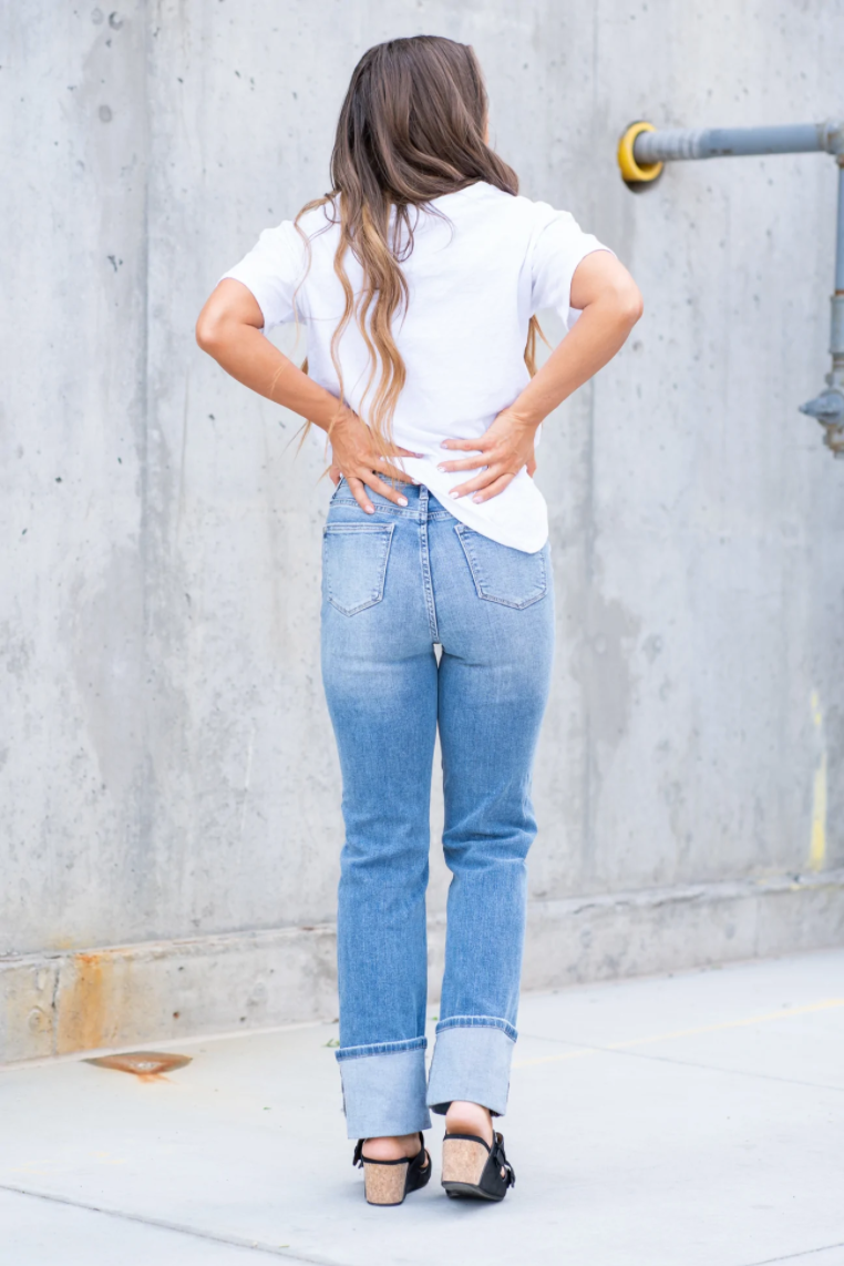 Hi Rise Straight Leg Wide Cuff Jeans -