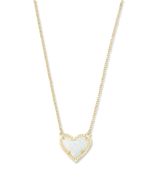 Ari Heart Gold Pendant Necklace In White Kyocera Opal - She Chester