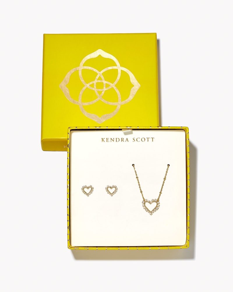 Ari Heart Gold White Crystal Necklace & Studs Set - She Chester