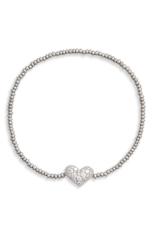Ari Pave Crystal Heart Stretch Rhodium Bracelet - She Chester