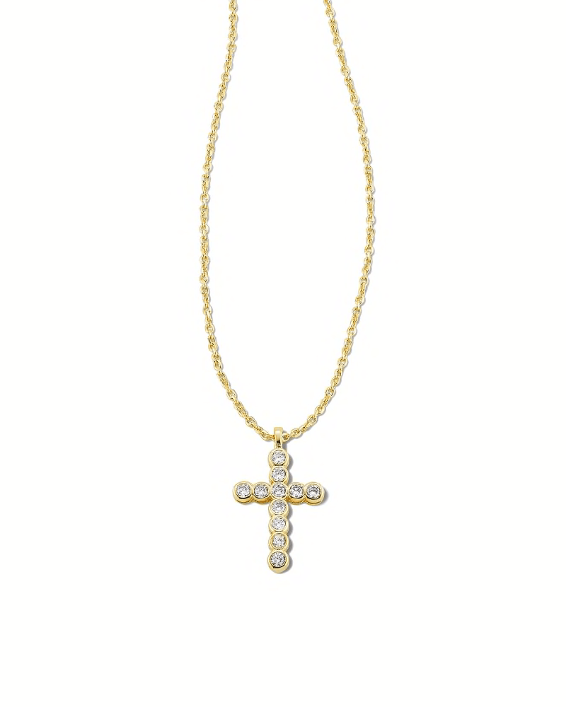 Cross Crystal Pendant Necklace Gold White Crystal - She Chester