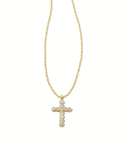 Cross Crystal Pendant Necklace Gold White Crystal - She Chester